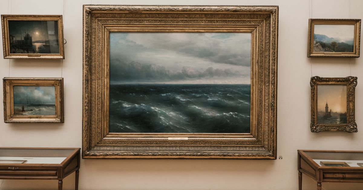 Elegant seascape painting in a classic art gallery with vintage frames.